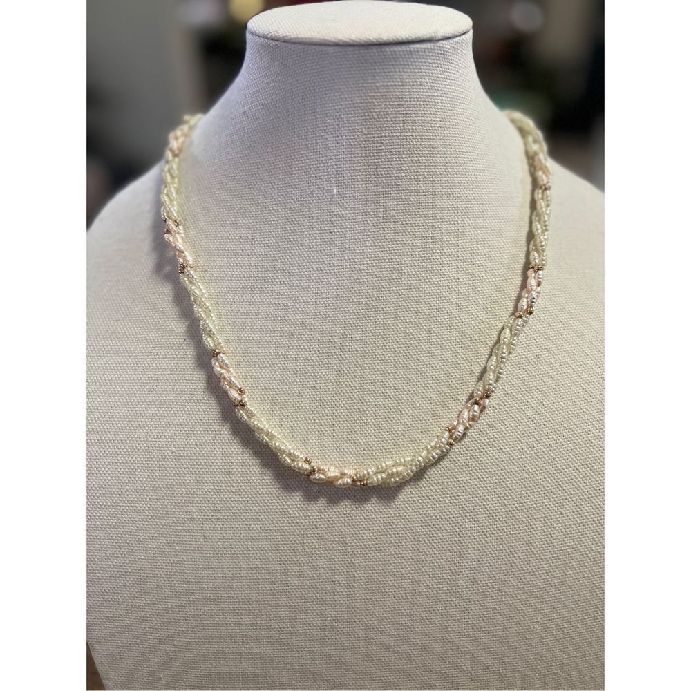 Vintage Twisted Rope White Pearl Gold Tone Beaded Necklace Fashion Jewelry